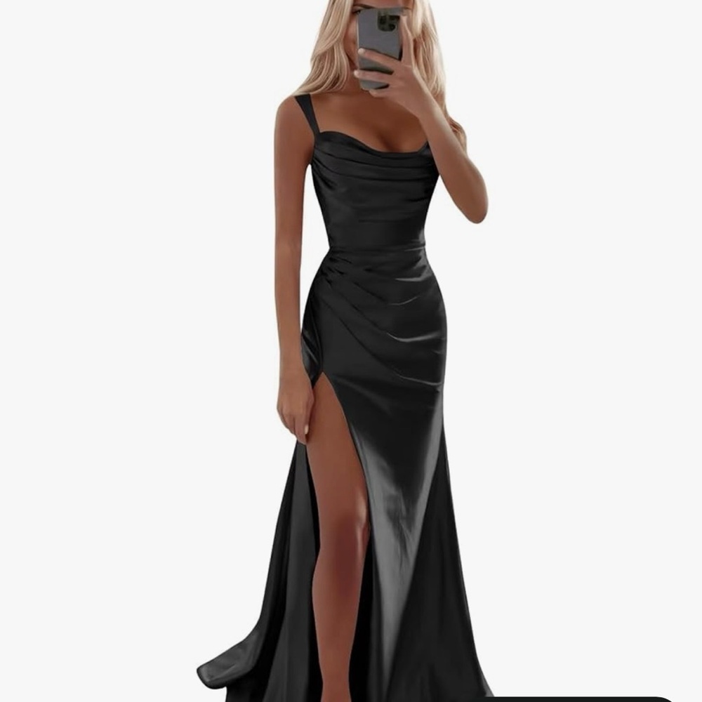 Black Satin Evening Gown with Side Slit